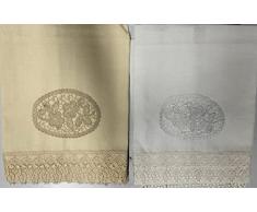 Corredocasa Coppia Asciugamano 1+1 100% Lino Naturale Morbido, Asciugamano Resistente, Leggero e Altamente Assorbente - Pizzo Valenciennes Ricamo a Mano (biscotto, Disegno 1)