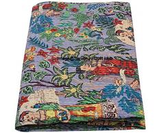 Sambhav Quilt Hub Coperta trapuntata fatta a mano, in cotone indiano con stampa di Khalo, Kantha Work Boemia, copriletto per letto matrimoniale/King/Queen (90 x 300 cm)