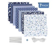 Tessuto Cotone per cucire 7 PCS, Blu Stoffa patchwork a metro quadrati per scrapbooking fai da te creativo, floreale fogli di tessuti materiale con striscia clip di ponte di naso di corda elastica