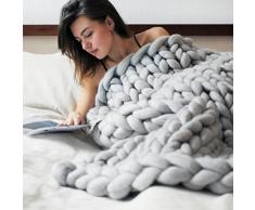 Coperte a Maglia WINOMO Coperta del divano in lana grossa del Crochet (Grigio)