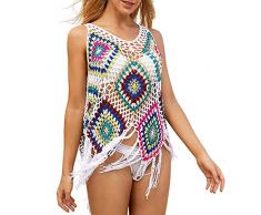 Cardigan Cotone Lana Usura della personalità Bikini allUncinetto Gilet con Nappe Costume da Bagno Gancio a Mano Camicetta con Imbracatura per Protezione Solare da Spiaggia Piumino (White, One Size)