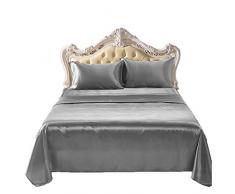 Fashion·LIFE Biancheria da Letto Luxury 4 PCS Imitazione di Seta in Raso di Colore Solido Anti-allergico Traspirante Lenzuola con Federe,Grigio Chiaro