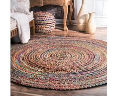 GANESHAM Tappeto da bagno indiano fatto a mano intrecciato bohémien reversibile colorato cotone rotondo tappeto da bagno Chindi juta (91,4 cm)