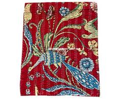 Sambhav Quilt Hub Coperta in cotone Kantha con stampa animalier, realizzata a mano, realizzata a mano, con motivo hippie, queen, kantha (rosso, king size, 228,6 x 274,3 cm, con federa)