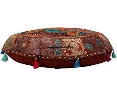 Cuscino rotondo etnico per meditazione, stile vintage, patchwork, per pavimento, beige, 22 x 22 cm, decorazione decorativa, per sedere, tartufo, pouf e poggiapiedi in cotone ricamato (marrone)