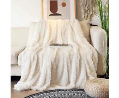 KANKAEU Coperta 200x220 cm, Coperta Pelliccia Morbida e Soffice, Plaid Decorative per Divano e Letti, Coperta Pile Calda e Accogliente, Plaid Matrimoniale, Plaid Divano, Copriletti, Colore Crema