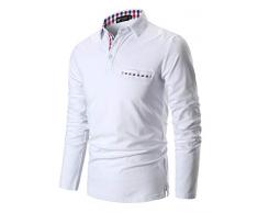 STTLZMC Uomo Plaid Polo Maniche Lunghe Basic Maglie Golf Casual T-Shirt Gentiluomo S-XXL,Bianco,S