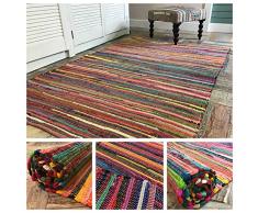 Second Nature Online - Tappeto multicolore in tessuto riciclato, intrecciato a mano, con motivo etnico indiano, misura piccola, media, grande, Mix di cotone, multicolore, 120 x 180 cm