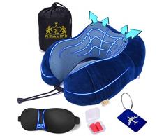 Realife Amazon Brand Plus【Kit 5Pz】 Cuscino Da Viaggio In Memory Foam +4 Omaggi. Cuscino Cervicale Da Viaggio Con Tasca. Cuscino Traspirante Sfoderabile Regolabile Per Aereo Auto Casa Divano Ufficio