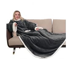 Winthome Coperta con Maniche, Coperta Lana Matrimoniale Morbida e Calda, Coperta Indossabile con Tasche Grandi, Coperte per Regali Invernali Risparmio sui Costi di Riscaldamento (140x180cm, Grigio)