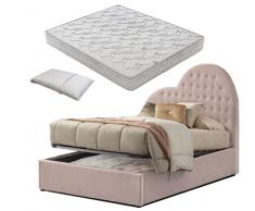 SARDAMATERASSI- Letto contenitore una piazza e mezza velluto rosa cuore + materasso memory 20 cm aloe vera guanciale omaggio