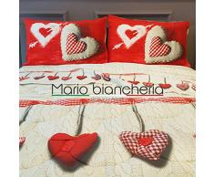 Completo Lenzuola In Flanella, Per Letto Matrimoniale 2 Piazze, Modello Europa Disegno Cuore Colore Rosso