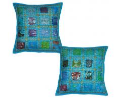 2 pezzi indiano vintage Home Decor cuscino in cotone con ricamo & patchwork, 41 x 41 cm (Sky)