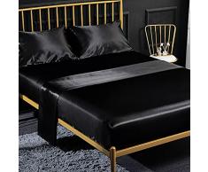 Jemiipee 4 Pezzi Completo Lenzuolo Letto Matrimoniale, 1 x Lenzuola Sotto con Angoli Tinta Unita 180x200 cm con 1 x Lenzuolo Piatto e 2 x Federe, Biancheria da Letto in Raso, Nero