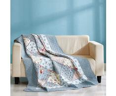 Qucover Patchwork Copriletto Trapuntato Singolo 150x200 cm Trapuntino per Primaverile Estivo Coperta in Cotone Shabby chic Blu Stile Country