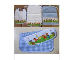 Set 4 Pezzi per Asilo Sacco cm 36x45 Asciugamano cm 35x52 Bavaglio cm 26x35, Busta cm 18x27. Cotone 100%. con nome del bambino ricamato. Dopo l'acquisto inviaci un messaggio con il nome da RICAMARE