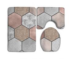 Tappeti da bagno geometrici con struttura in marmo rosa antico antiscivolo a 3 pezzi Set tappeto da bagno lavabile + tappetino contorno + coprisedile per WC, tappeto da pavimento per zerbini Decorazio