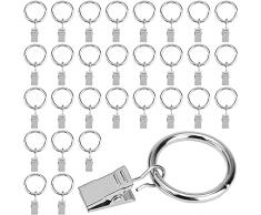 30 Pezzi Anelli per Tende con Clip, Metallo Decorativo Drappeggio Finestra Tenda Anello Ganci con Clip Forte, Inossidabile, 38 mm Diametro Interno, Argento