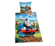 Herding 443551050 - Set di biancheria da letto Trenino Thomas e amici, composto da federa di 80 x 80 cm e copripiumino singolo di 135 x 200 cm, in 100% cotone rinforzato