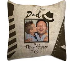 CUSCINO PERSONALIZZATO PERSONALIZZABILE IN JUTA STAMPA FOTO FESTA DEL PAPA' CRAVATTA CAMICIA IDEA REGALO