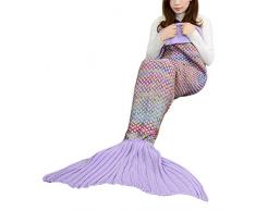 Remeehi, coperta a forma di coda di sirena per adulti e bambini, trapunta per pisolini, sacco a pelo, in pile corallo, lavorata all'uncinetto, per tutte le stagioni, Lilac, 55*27.5 Inch