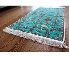 Damask Unst Tappeto 65 cm x 120 cm, Blu Turchese, Bianco, Arancione, Kelim Orient, Parete Tappeto, Carpet, rug, Lavabile in Lavatrice, RS 1 – 2 – 20