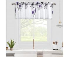 CAROMIO Tenda da cucina per cucina, 45 cm di lunghezza, tenda da cucina in voile, trattamento della finestra del caffè, mantovana con foglie dinchiostro, fiore viola/bianco, 120 x 35 cm, 1 pannello