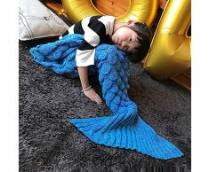 eCrazyBaby Coperta a Coda di Sirena indossabile allUncinetto, Tutte Le Stagioni Caldo Coperte da Letto a Maglia Divano Soggiorno Trapunta per Bambini, Modello di Squame di Pesce, 140 x 70 cm, Blu