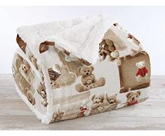 Coperta Plaid in Pile Sherpa Invernale, Morbida e Calda, Coperta Pelosa Copri Letto o Divano in Finta Pelliccia Singola Matrimoniale Doppio Lato - Orsetti - Due piazze 200x230