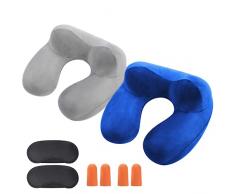 Gofodsil Cuscino da Viaggio Gonfiabile, per Aeroplano Campeggio Treni e Automobili, con Benda Tappi per le Orecchie, Cuscino da Viaggio Collo, Cuscino Aereo Viaggio 2 Set