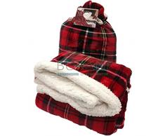 coperta singola 150x200 double face pelliccia ecologica scozzese e retro morbidissimo agnellino ecologico - confezionato in un sacco dello stesso materiale chiuso con pompom