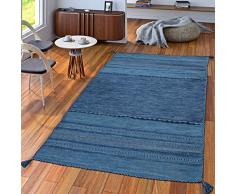 TT Home Tappeto Tessuto A Mano Soggiorno Natura Tappeto Tessuto Kelim Moderno Cotone Righe Blu, Größe:120x170 cm
