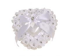 Amosfun - Cuscino per fedi nuziali, in raso, con fiocco, a forma di cuore e cristalli, con nastro per proposta, spiaggia, cerimonie nuziali, accessori per foto