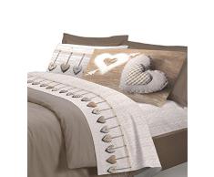 Completo Lenzuola In Flanella, Per Letto Matrimoniale 2 Piazze, Modello Europa Disegno Cuore Colore Beige