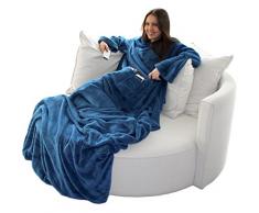Brandsseller, soffice coperta TV con maniche, in effetto cashmere, sacco copripiedi e 2 tasche per smartphone/telecomando e molto altro ancora, Fibra sintetica, Blu, 170 x 200 cm
