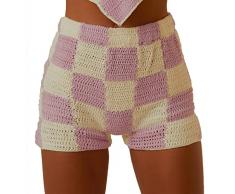 Merfrede Pantaloncini da donna casual lavorati a maglia elastico a vita alta stampa floreale alluncinetto aderente pantaloni corti casual estivi Streetwear, B Plaid, L