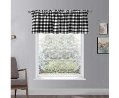 Set di 3 tende da finestra e mantovana vintage a griglia mezza corta, per cucina, bagno, soggiorno (griglia nera, mantovana | 129,5 x 40,6 cm)