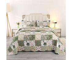Qucover Copriletto Trapuntato Matrimoniale Patchwork, Copriletti Ultrasuoni in Poliestere Leggere, Trapunta Sottile Estivo Primaverile 220x230 cm con 2 Federe, Verde