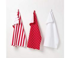 Homescapes - Set di 3 strofinacci / asciuga-piatti da cucina, 100% cotone, rosso e bianco, con motivo a pois e righe rosse, dimensione: 50 x 70 cm