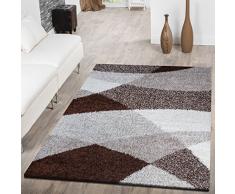 Tappeto shaggy a pelo lungo, moderno tappeto con motivo geometrico, diversicolori, Polipropilene, marrone, 140 x 200 cm