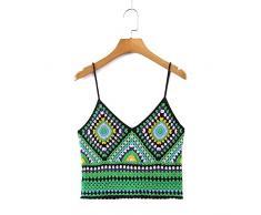Canotta Estiva Da Donna AllUncinetto - Multicolor Plaid Fatto A Mano A Maglia Estiva Boho Canottiere, Bohemian Style Hollow Out Crochet Crop Top, Slim Sleeveless Crop Top Beachwear, Verde, Taglia U