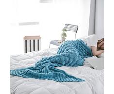 eCrazyBaby Coperta a Coda di Sirena, Tutte Le Stagioni Caldo Coperte da Letto a Maglia Divano Soggiorno Trapunta per Bambini e Adulti, Modello a Squame di Pesce, 195 x 90 cm, Blu Pavone