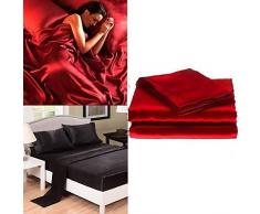 FHEDE Set di Biancheria da Letto Matrimoniale in Raso, Lenzuola matrimoniali, Lenzuolo con Gli Angoli e 2 federe, Queen Taglia (Rosso, XL)