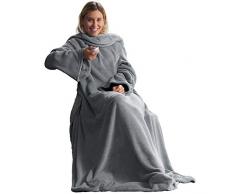 CelinaTex TV Decke Coperta soffice con Maniche Tasche Tasche per i Piedi Microfibra Pile Coral Coperta 170 x 200 cm Argento