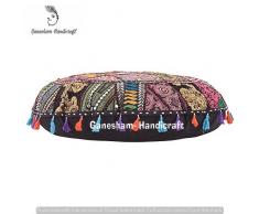 Ganesham artigianato indiano fatto a mano vintage patchwork cotone boho chic Boemia ricamato a mano decorativo etnico poggiapiedi cuscini & cuscino da pavimento rotondo Seating pouf ottomano (81,3 cm di diametro)