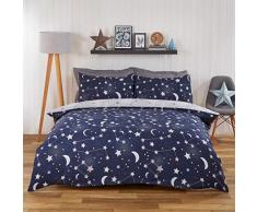 Dreamscene - Set di biancheria da letto reversibile con copripiumino e federa, con stampa, motivo: cielo notturno, luna e stelle della galassia, colore: blu scuro/grigio, matrimoniale