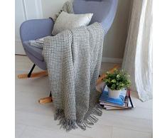 LINEN & COTTON Coperta Elegante, Plaid Copriletto Invernale Esther a Quadri - 100% Lana Merinos Superfine, Grigio Antracite Bianco (140 x 200 cm), Adatto per Letto o Divano, Singolo/Matrimoniale