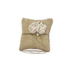 Cuscino per fedi nuziali in iuta grezza, stile shabby chic, decorato con due fiori di pizzo