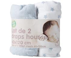 babyCalin Set di 2 lenzuola con angoli, 60x120 cm, Azzurro e Stella