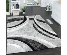 Paco Home Tappeto di Design con Bordo Definito A Righe in Grigio Nero Crema Screziato, Dimensione:80x150 cm